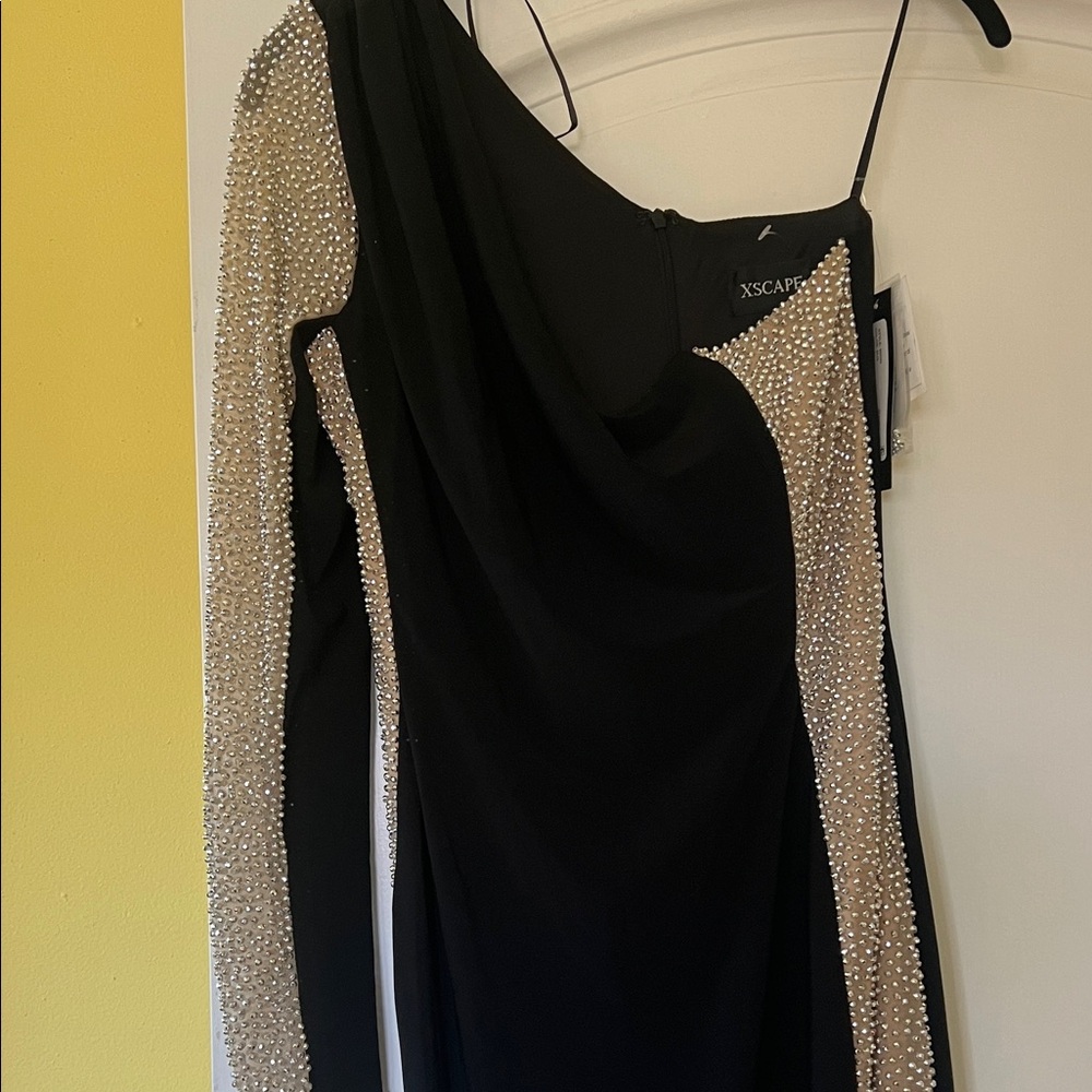 Xscape One Shoulder Black Dress with Cream Beading